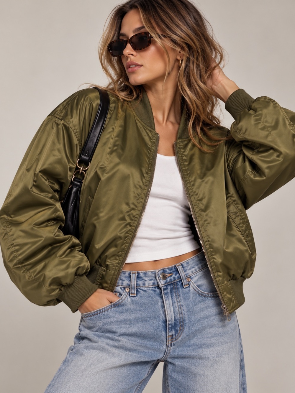 Ci Sono Olive Green Satin Bomber Jacket